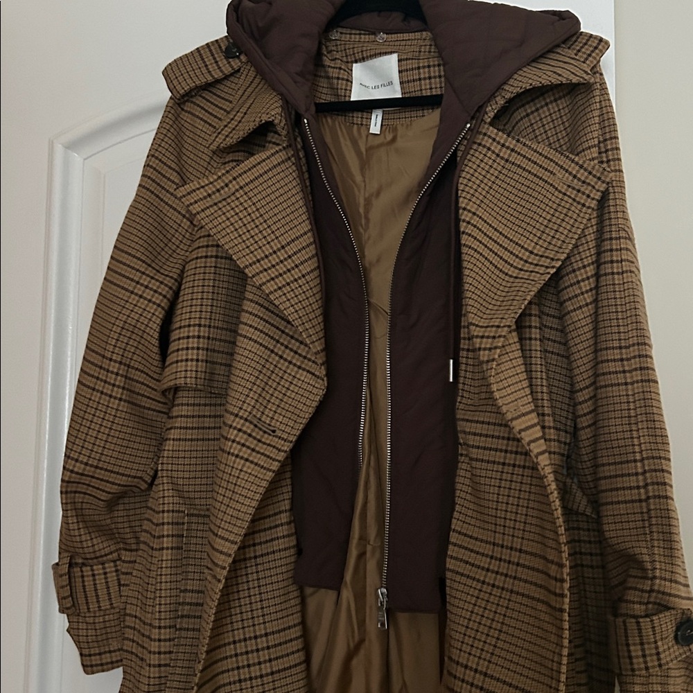 Avec Les Filles Plaid Camel Brown Houndstooth Belted Trench Coat faux Hoodie XL